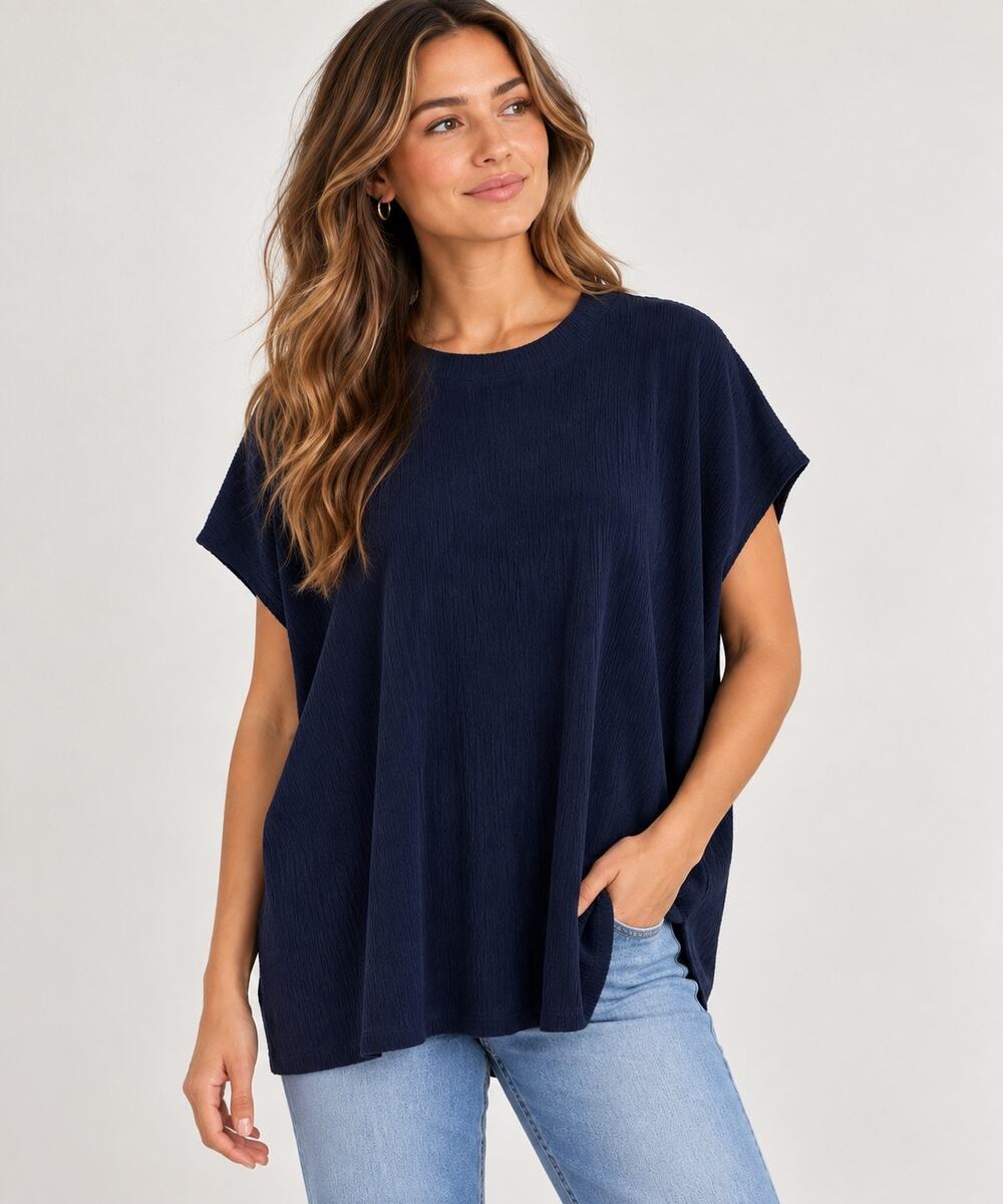 Eileen Fisher Navy Blue Textured Tencel Oversized Tunic Top XL Draped Boxy